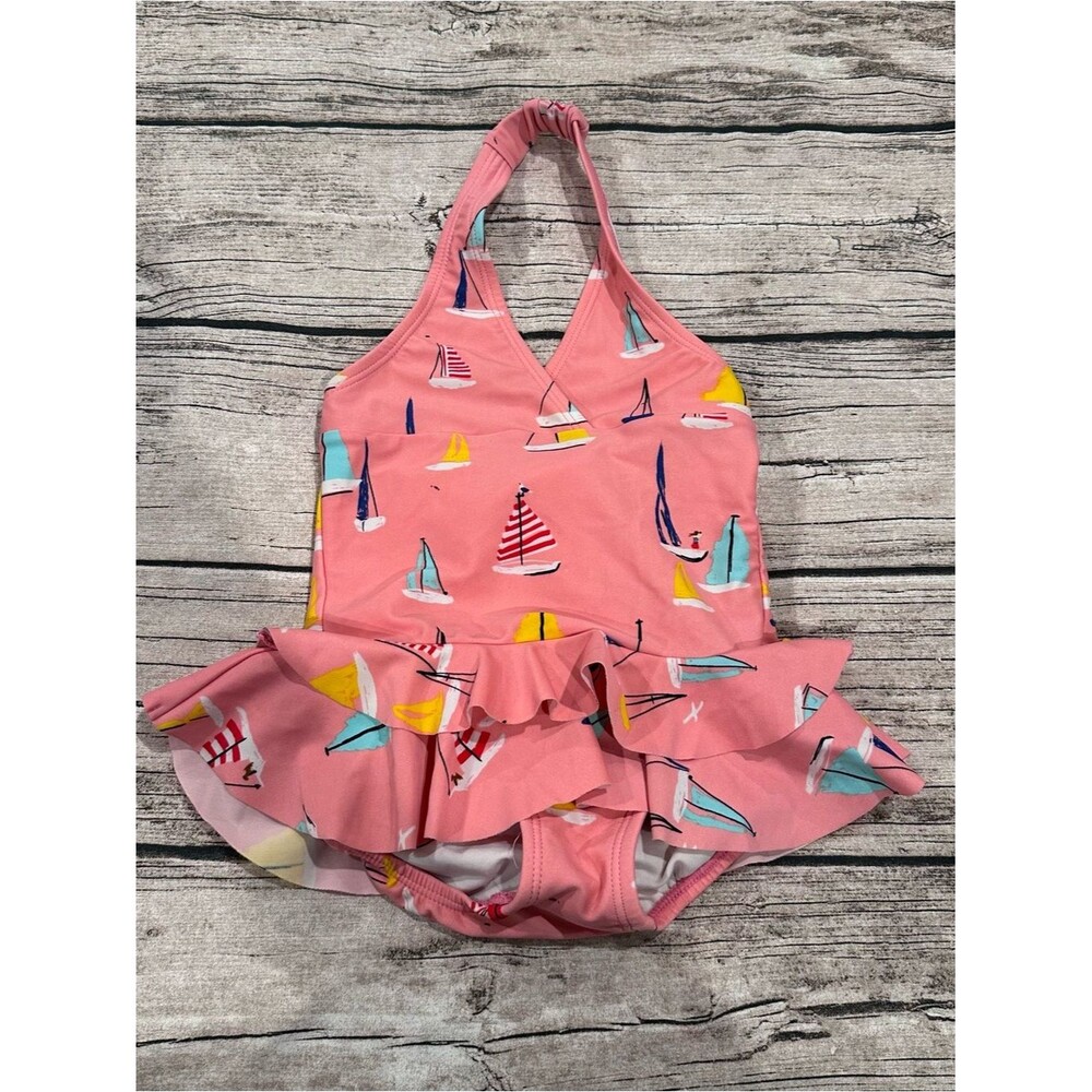 Hanna Andersson Pink Sailboat Ruffle Halter One-Piece Swimsuit Size 2t